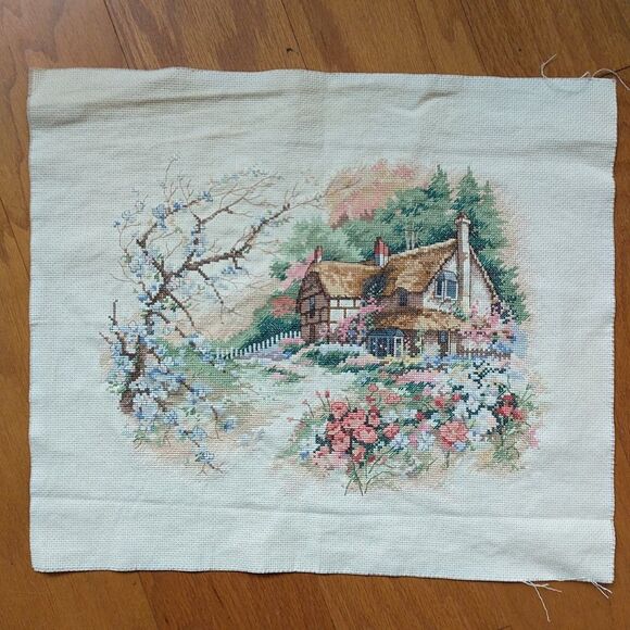 Sunset Design Cottage Enchantment Crosstitch Embroidery Wall Hanging ~11x14" - Picture 1 of 7